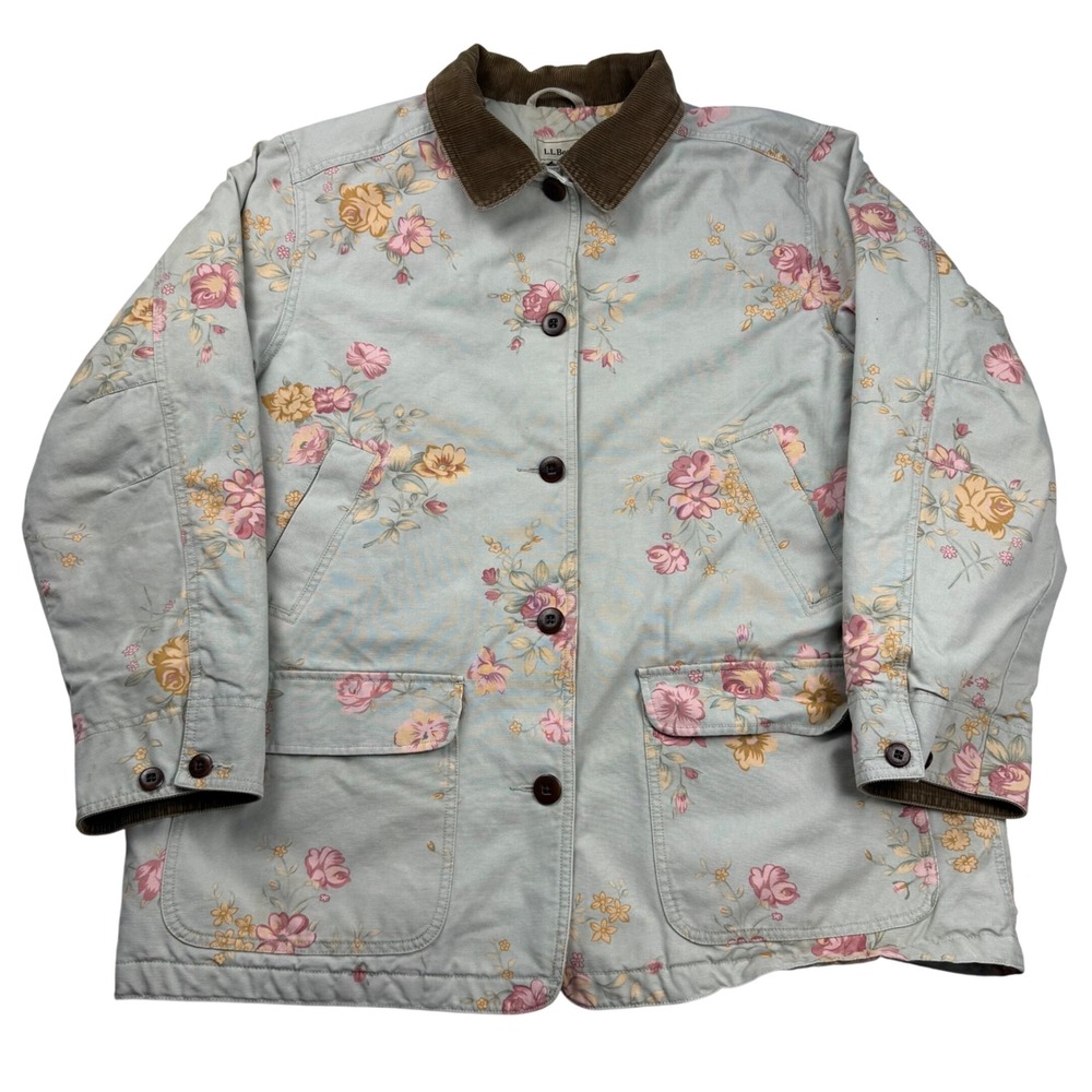 LL Bean Floral Canvas Field Coat Insulated Barn Chore Jacket Sage Green XL 0AFT9